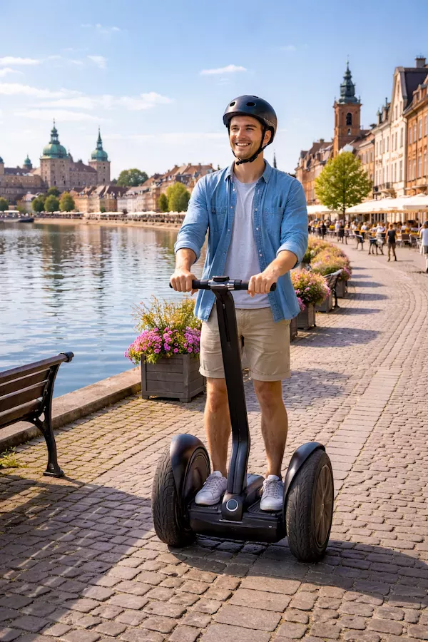 Segway‑tur i Kalmar stadsmiljö nära vattnet – deltagare kör längs kajen med Kalmar slott och stadens fasader i bakgrunden.
